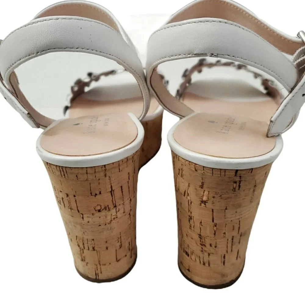 Kate Spade Tomas‎ Wedges Sandals 8.5 White Cork Platform Heel Leather Open-Toe